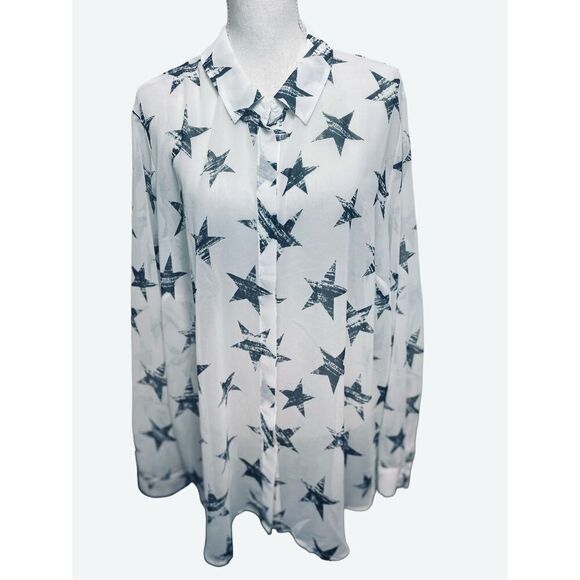 Lane Bryant Women's White Blue Star Print Button-Down Sheer Blouse Size 22/24 - Picture 1 of 5